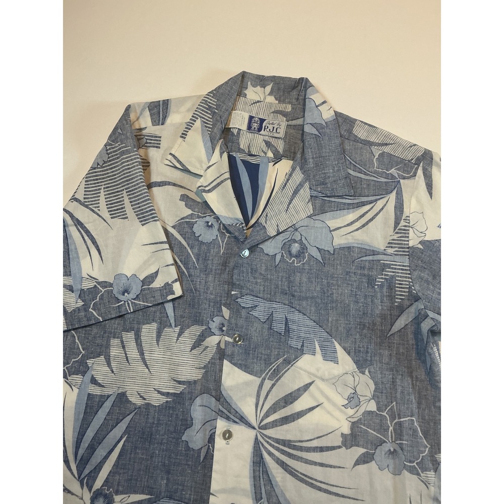 VTG RJC Hawaiian Shirt Men's Blue Reverse Print Tropical Orchid Linen Blend M